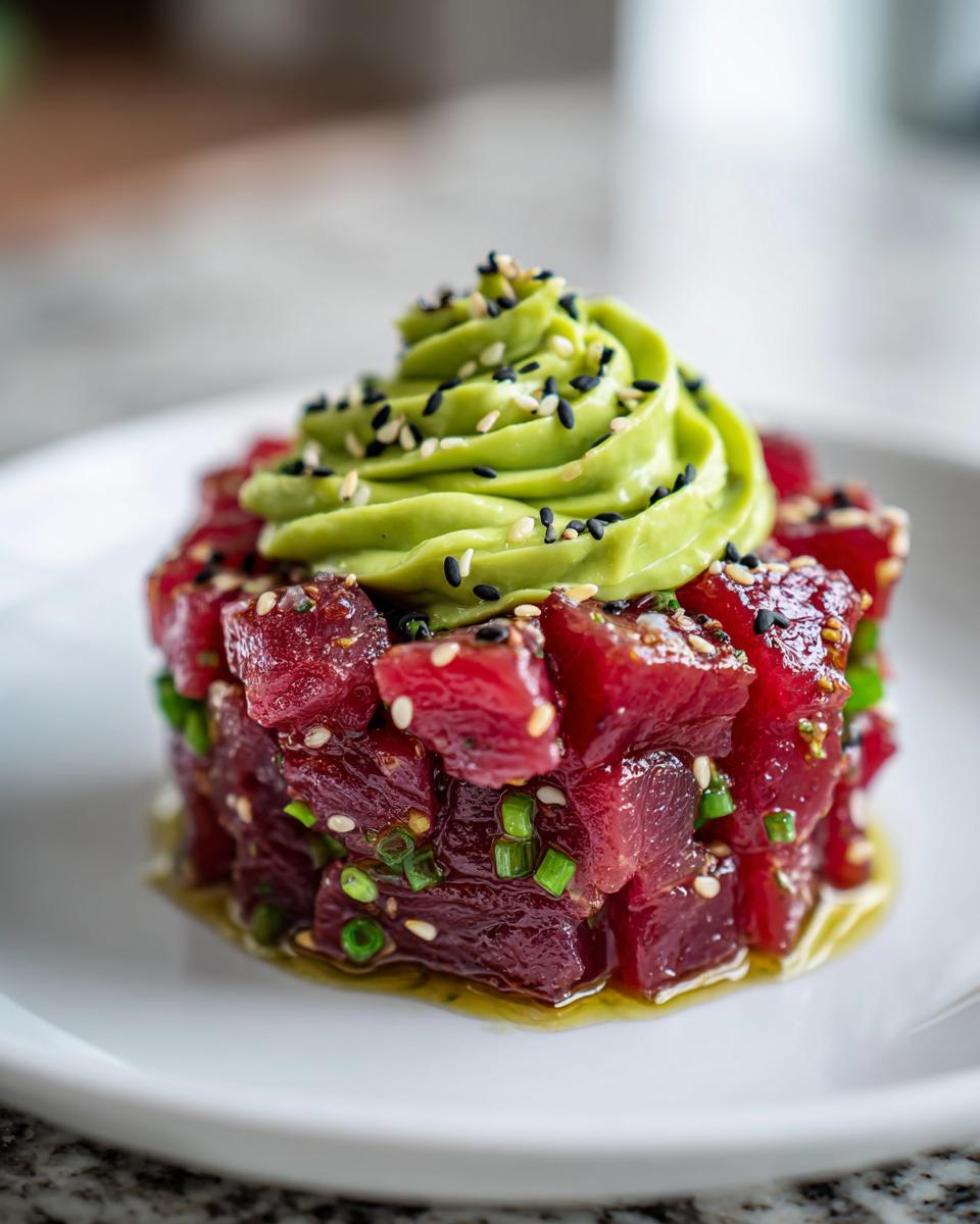 Close-up of molded tuna tartare cubes topped with piped avocado cream and sesame seeds.