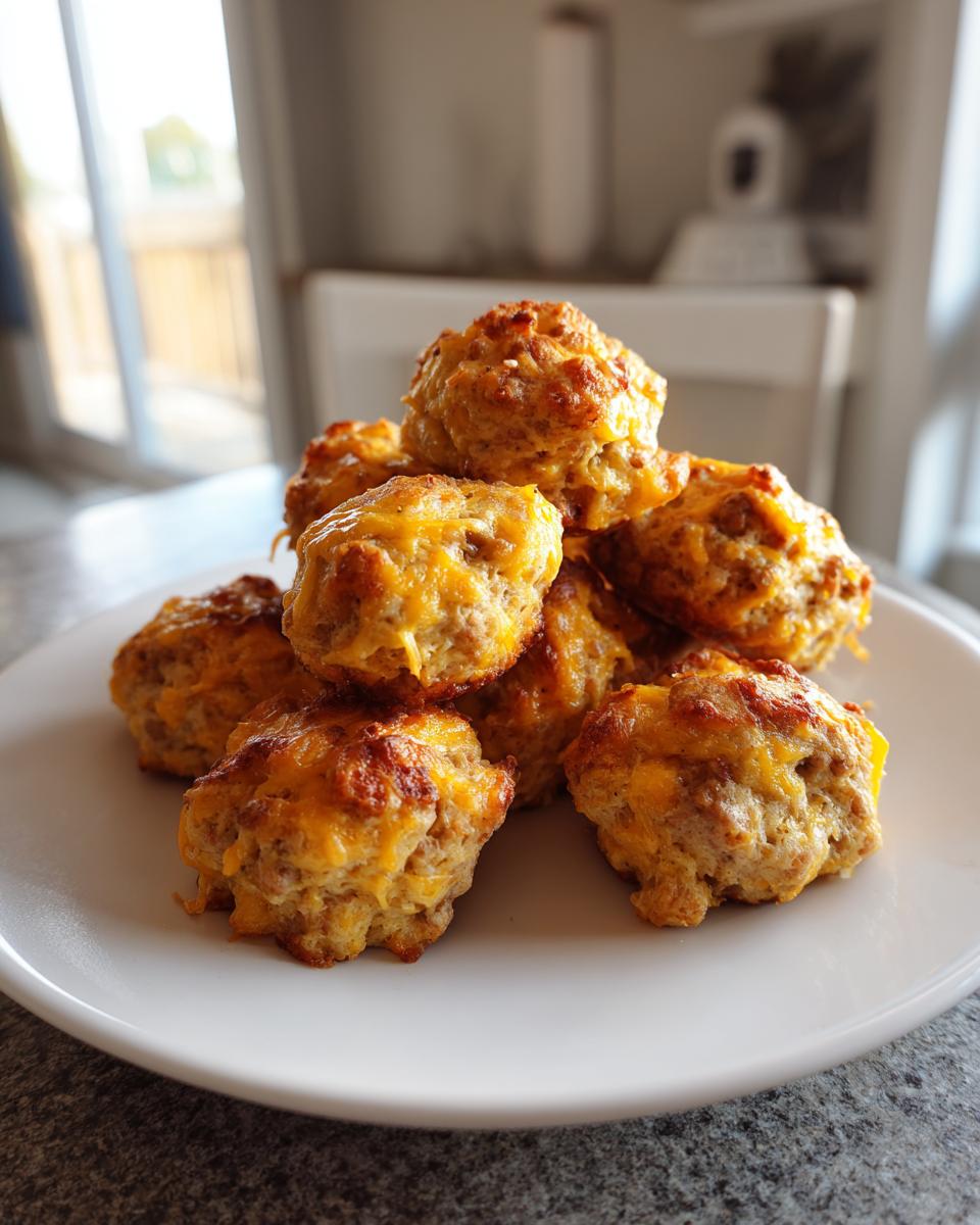 A stack of freshly baked bisquick sausage balls topped with melted cheddar cheese on a white plate.