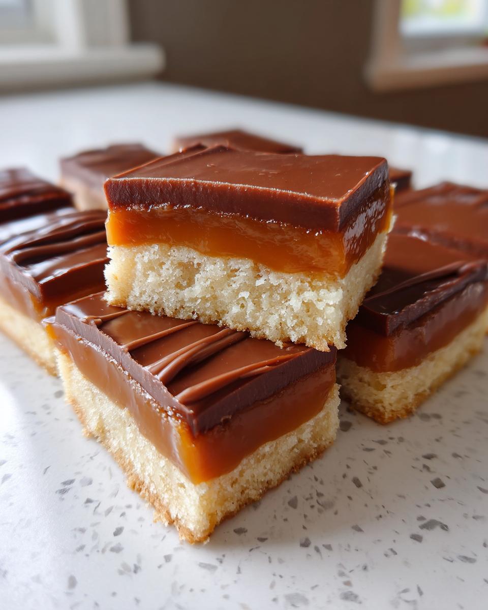 Close-up of stacked, square homemade Twix bars showing the shortbread base, thick caramel layer, and chocolate topping.
