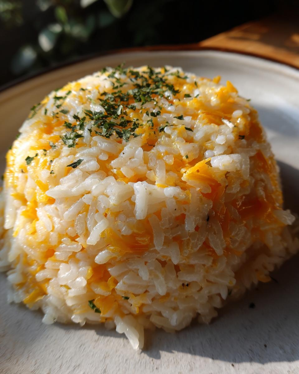 A molded serving of white rice mixed with melted orange cheddar cheese, topped with dried parsley, showcasing the easy cheesy rice recipe.