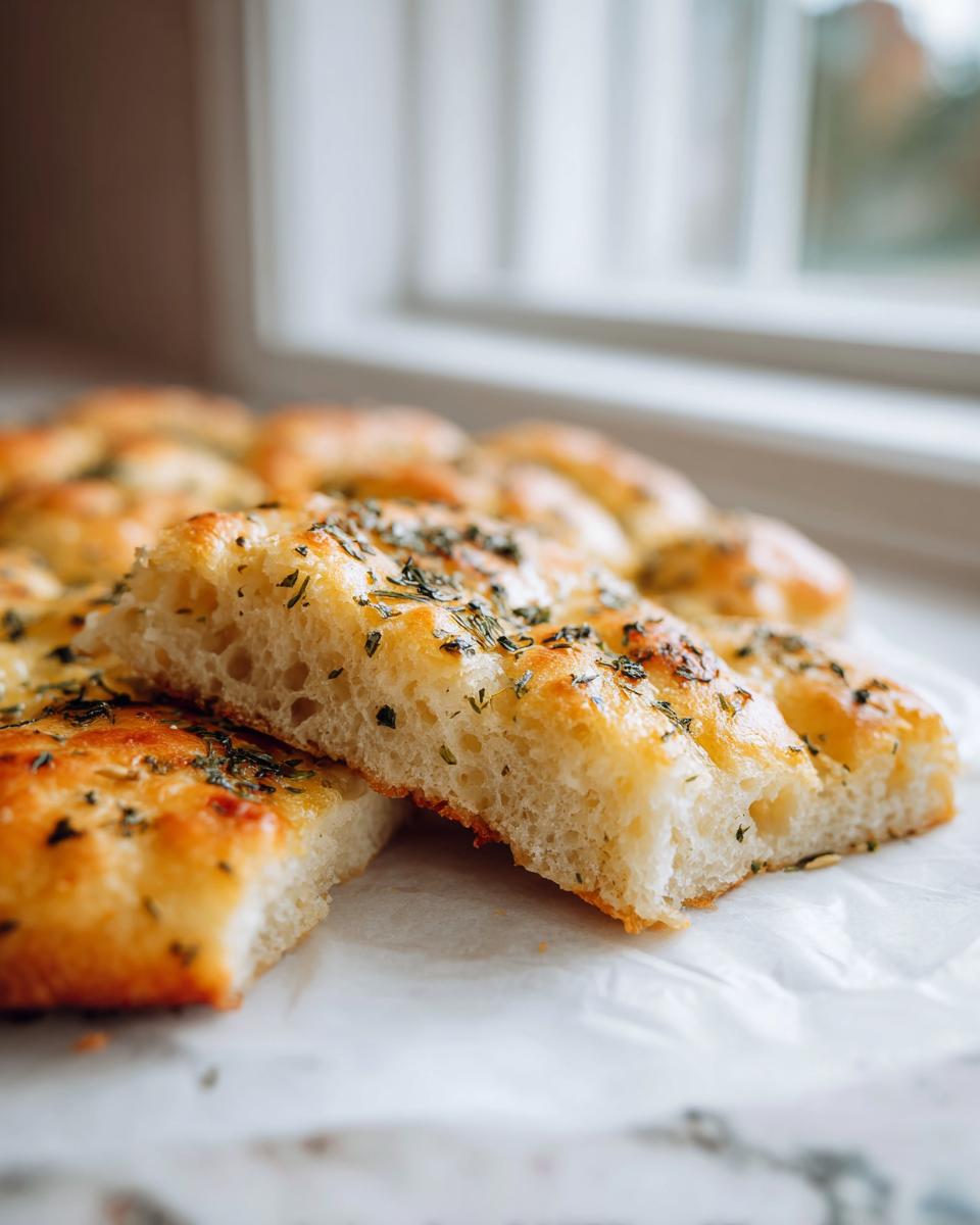 Close-up of the airy interior texture of the 4-ingredient keto pizza crust, topped with herbs.