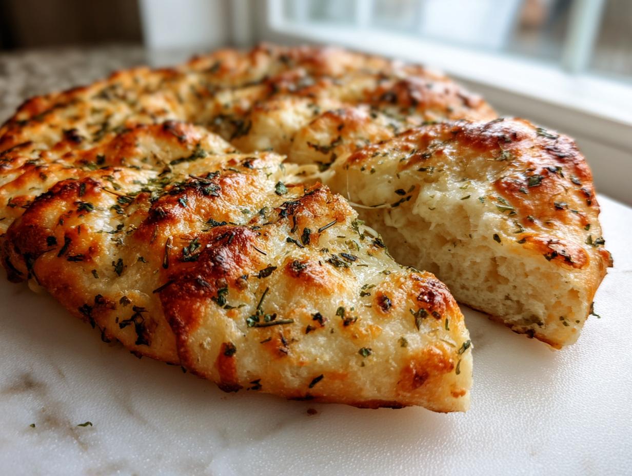 Close-up of a golden brown, fluffy keto pizza crust topped with melted cheese and dried herbs.
