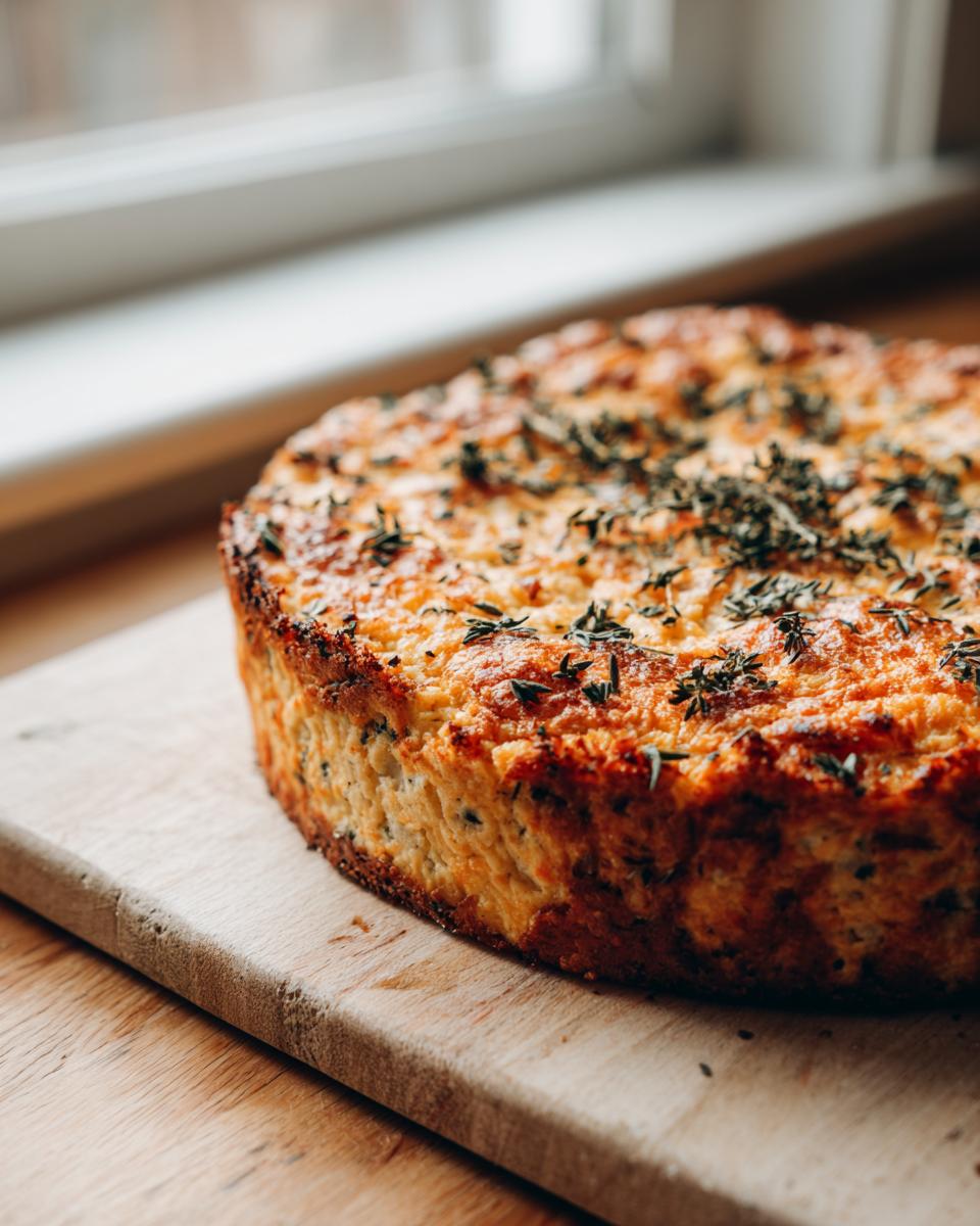 Close-up of a thick, golden-brown keto pizza crust baked in a round pan and topped with herbs.