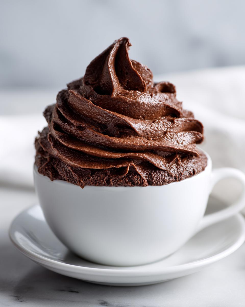 A tall swirl of rich, dark chocolate frosting piped into a small white teacup.