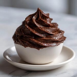 A decadent swirl of rich, dark chocolate frosting piped high in a small white bowl.