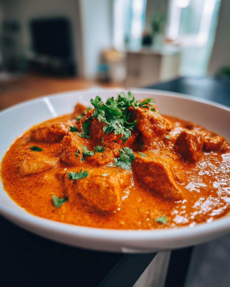 Close-up of a white bowl filled with vibrant orange butter chicken, garnished with fresh cilantro.