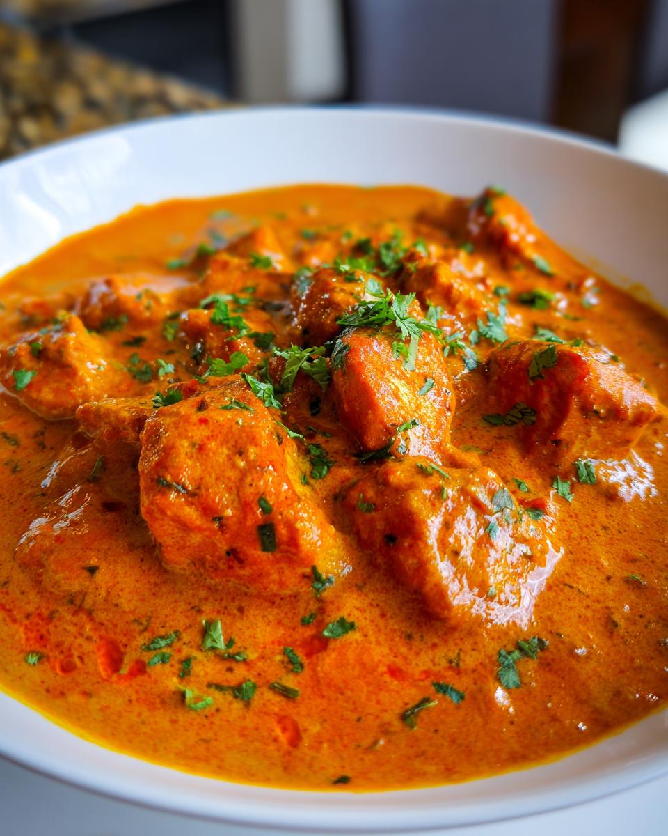 Close-up of rich, orange-red butter chicken pieces swimming in creamy sauce, garnished with fresh cilantro.