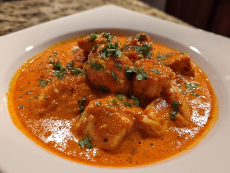 Close-up of rich, creamy orange sauce covering chunks of chicken in a white bowl, garnished with fresh cilantro. This is the 50 Minute Butter Chicken.