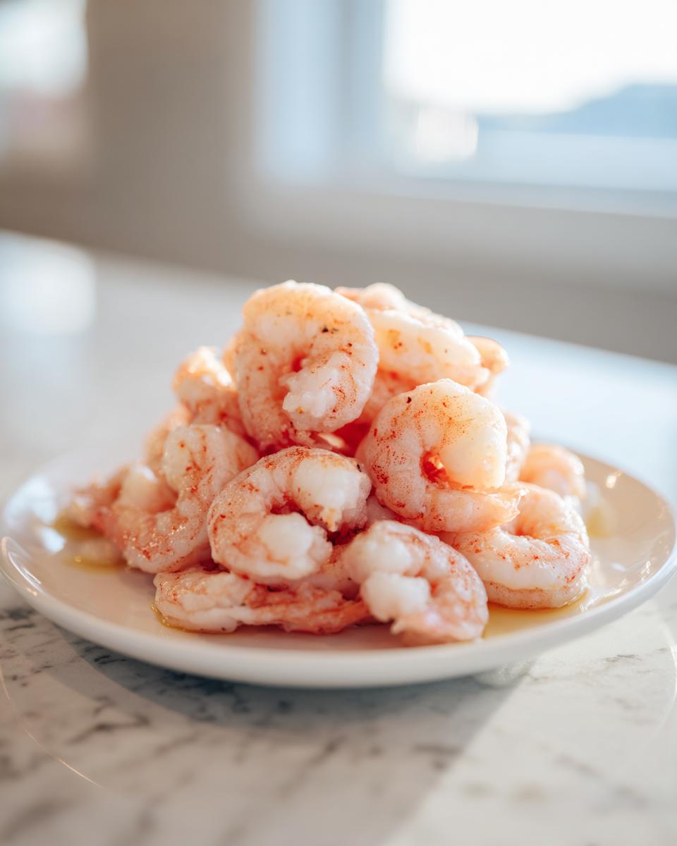 A close-up of a pile of perfectly cooked, pink air fryer frozen shrimp seasoned lightly on a white plate.