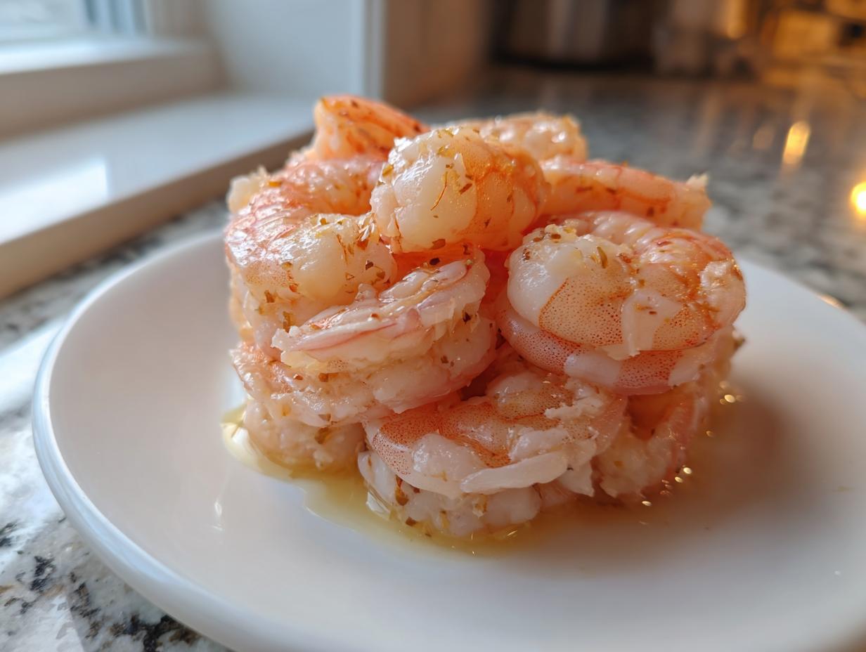 Close-up of cooked, seasoned air fryer frozen shrimp stacked on a small white plate with butter pooling underneath.