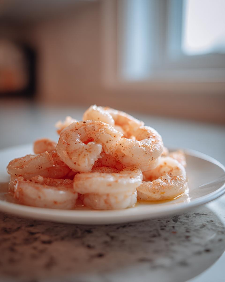 Close-up of a small pile of seasoned, cooked air fryer frozen shrimp on a white plate.