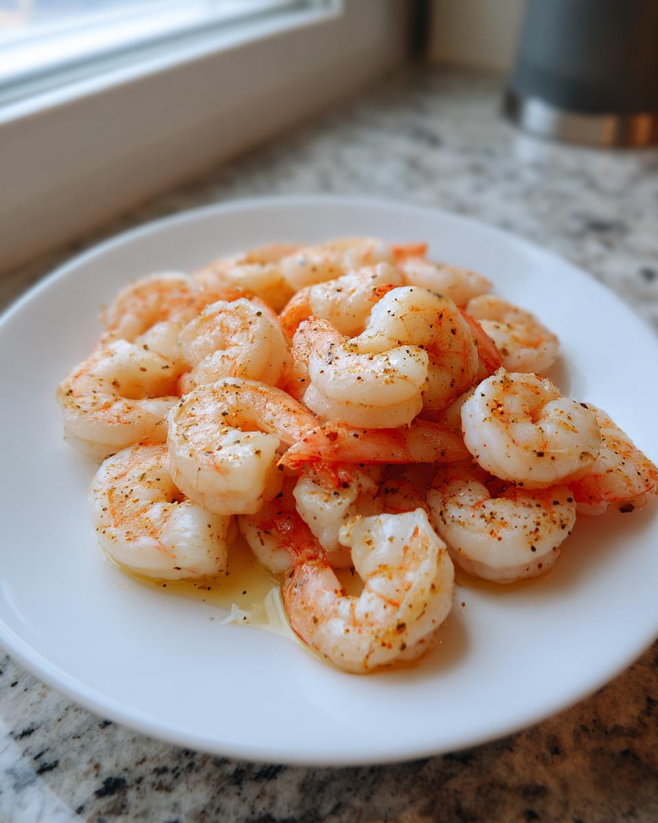 A white plate piled high with seasoned, cooked air fryer frozen shrimp, glistening with butter or oil.