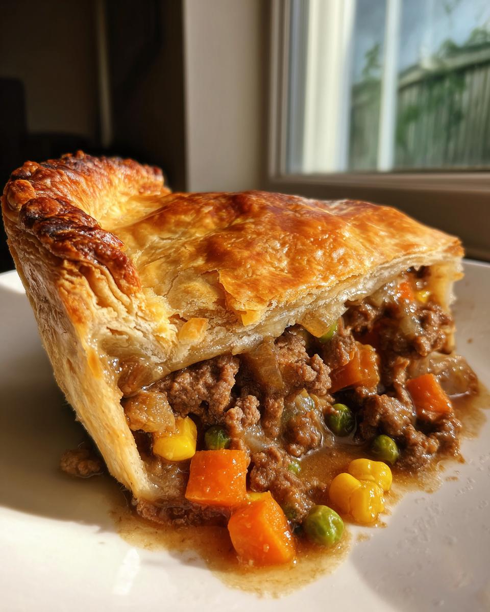 A close-up slice of a hearty meat pie showing rich ground meat filling, carrots, peas, and corn under a golden, flaky pastry crust.