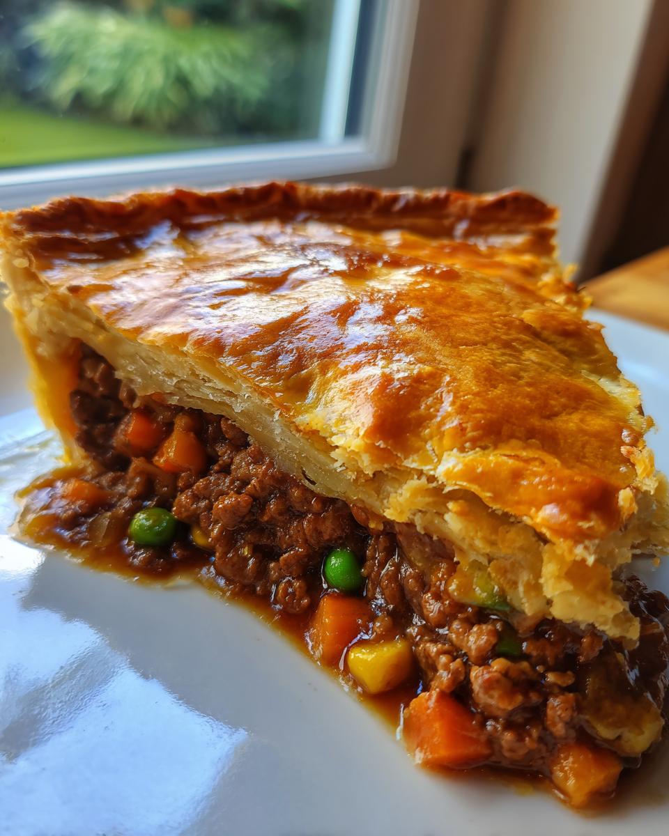 Close-up of a slice of amazing 1-pan meat pie showing rich filling and golden flaky pastry.