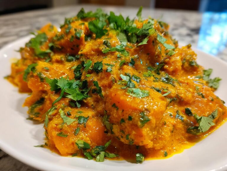 A close-up serving of vibrant orange pumpkin curry generously garnished with fresh chopped cilantro.