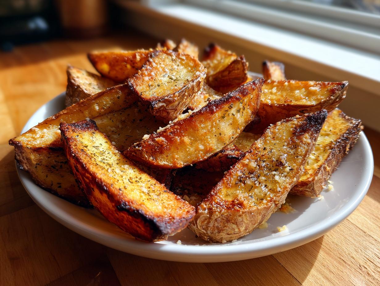 A close-up of perfectly crispy, golden-brown potato wedges seasoned with herbs and cheese, served on a white plate.