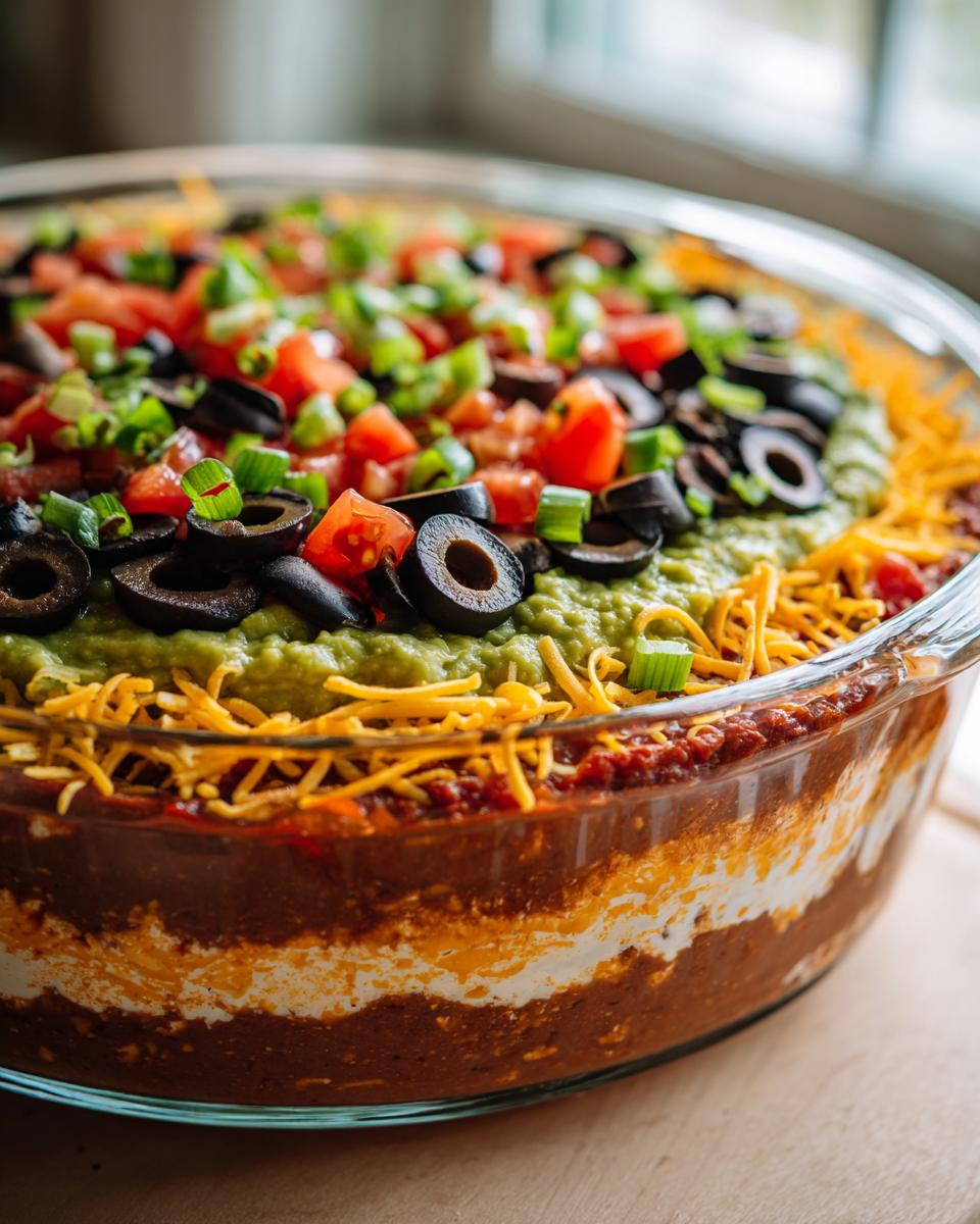 Close-up view of a vibrant 7 layer dip featuring guacamole, olives, tomatoes, and cheese in a clear glass serving dish.