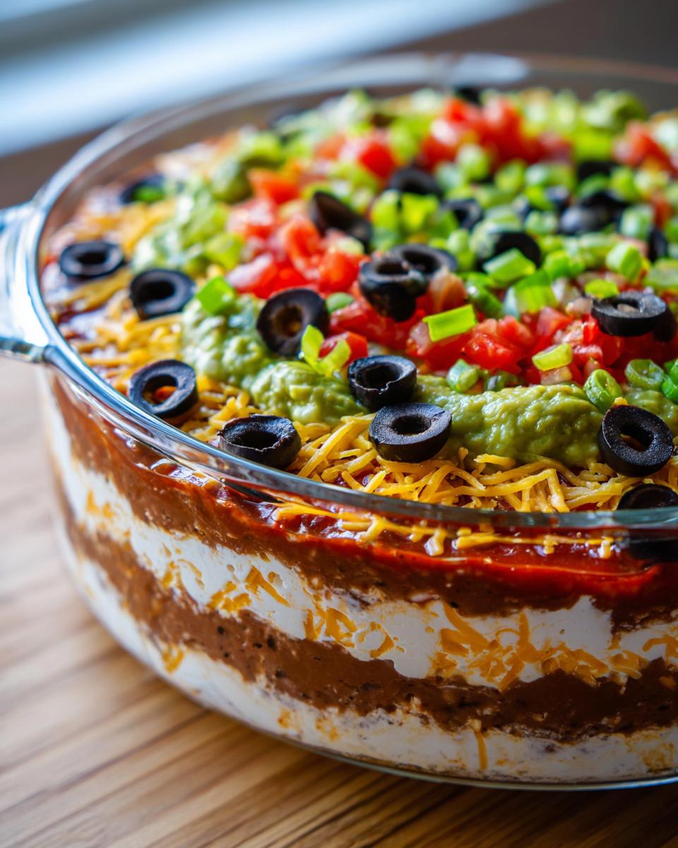 Close-up view of a vibrant 7 layer dip featuring distinct layers of beans, sour cream, cheese, guacamole, tomatoes, and olives.