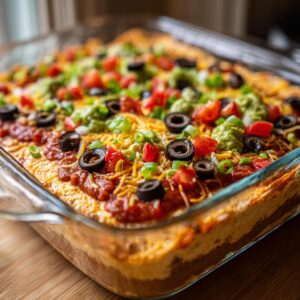 Close-up of a fully assembled 7 layer dip topped with cheese, salsa, guacamole, olives, and green onions.
