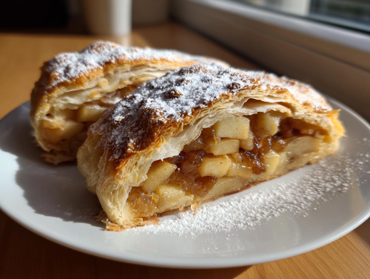 Two slices of flaky, golden apple strudel filled with spiced apples, dusted heavily with powdered sugar.
