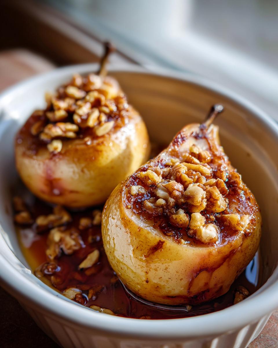 Close-up of two golden baked pears topped with crunchy walnuts and sitting in sweet syrup in a white dish.