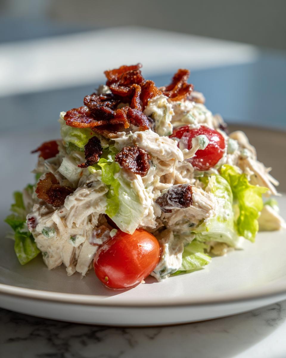 Close-up of a mound of creamy blt chicken salad mixed with lettuce and topped with crispy bacon pieces and cherry tomatoes.