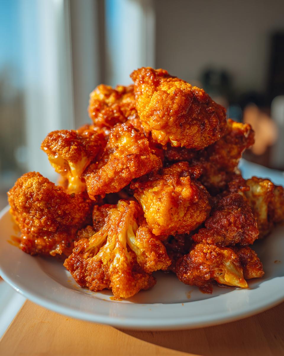 A close-up, appetizing pile of crispy, saucy buffalo cauliflower florets served on a white plate.