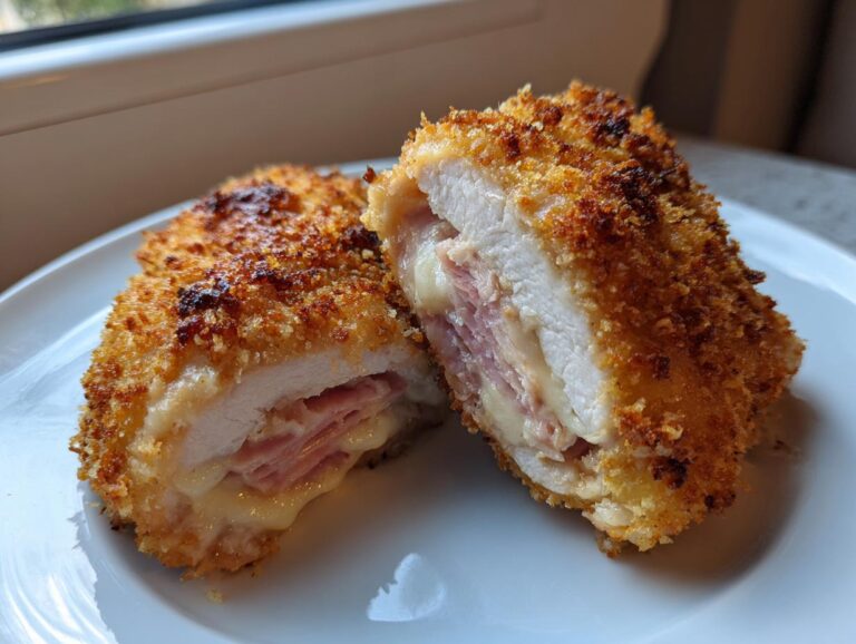 Two halves of a golden-brown, crispy chicken cordon bleu showing melted cheese and ham filling inside the chicken breast.
