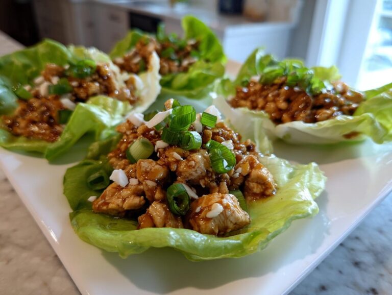 Four servings of amazing chicken lettuce wraps filled with savory glazed chicken, topped with green onions.
