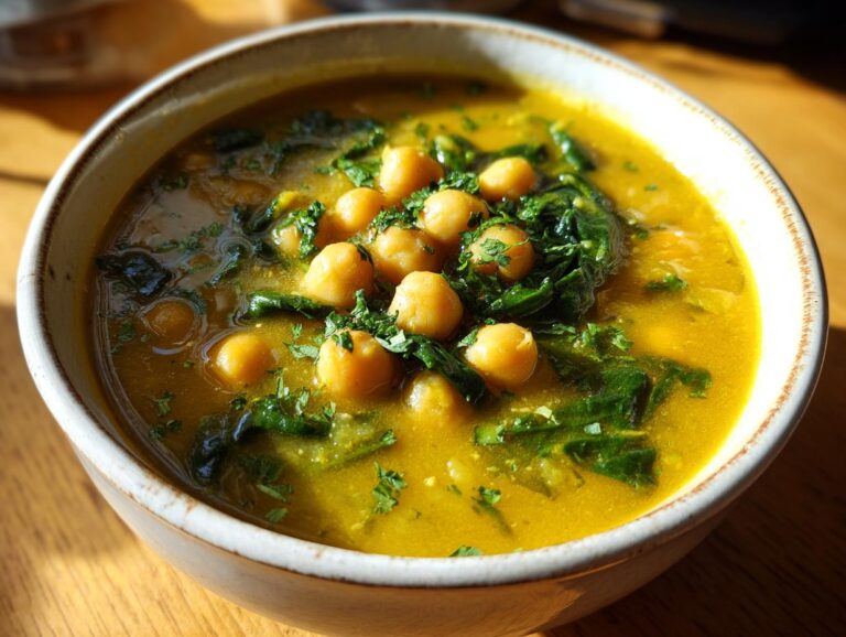 Close-up of a vibrant yellow chickpea soup bowl, featuring whole chickpeas and wilted spinach, garnished with fresh parsley.