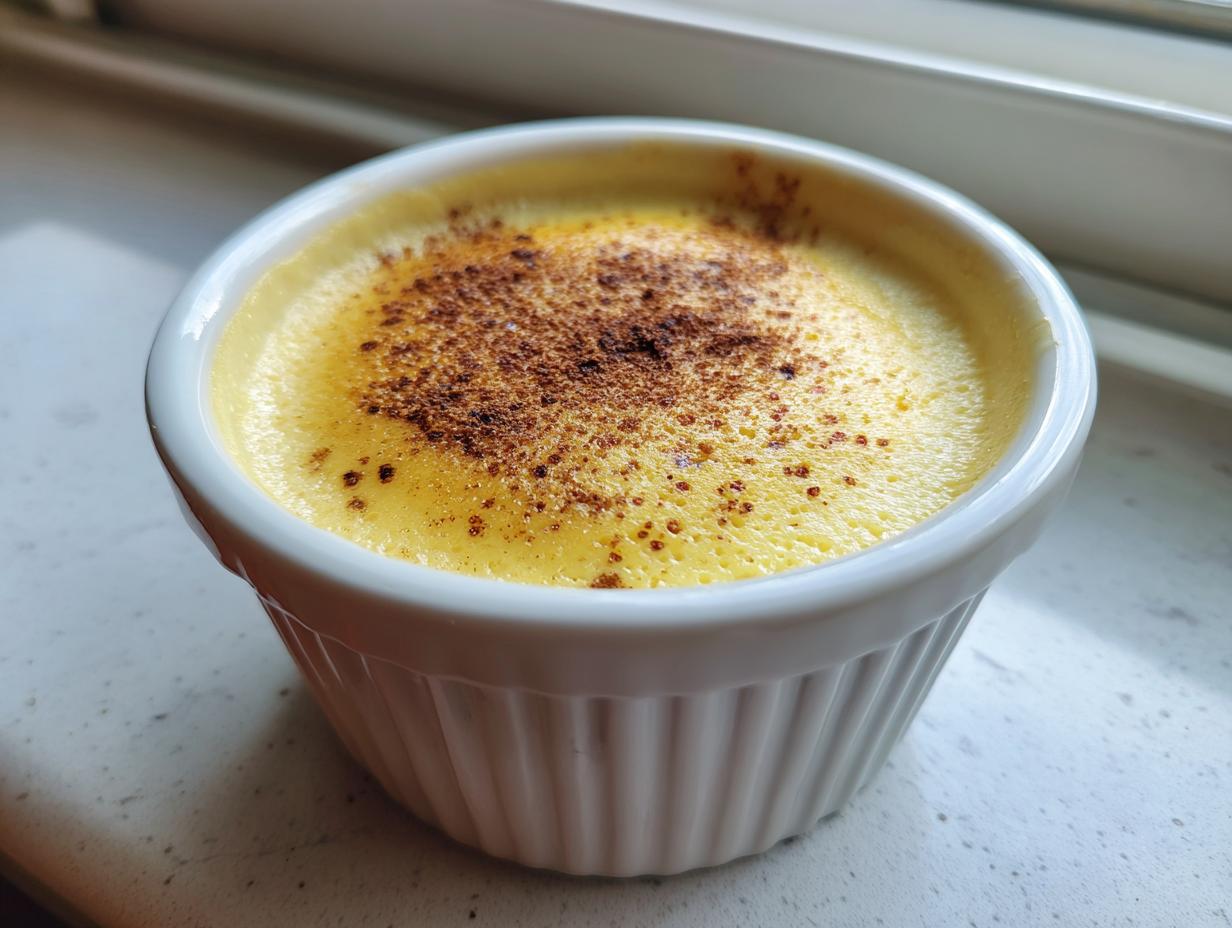 A close-up of a bright yellow egg custard dessert dusted with cinnamon in a white fluted ramekin.