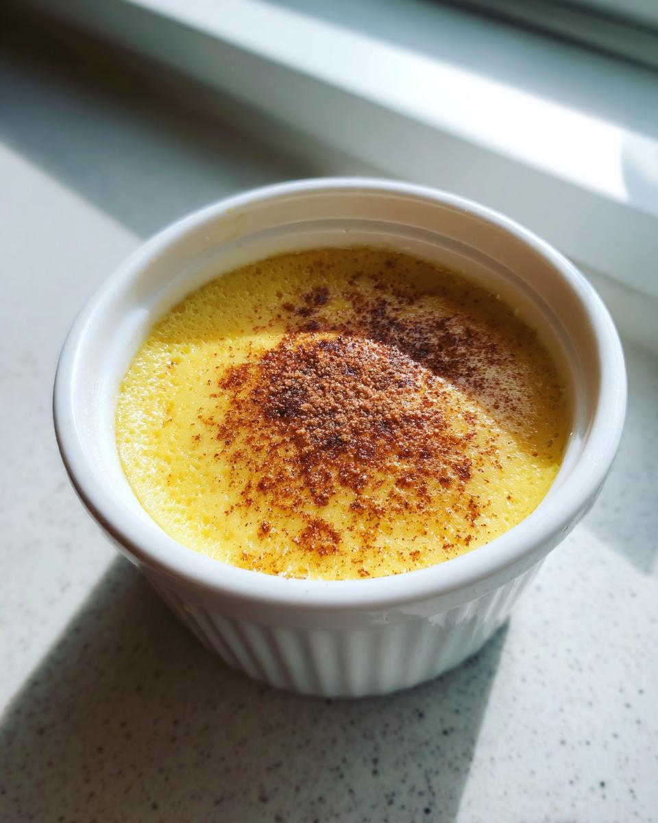 A close-up of a creamy, yellow egg custard dessert sprinkled with brown sugar or cinnamon in a white ramekin.