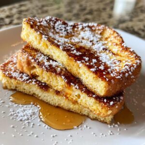 Close-up of three thick slices of golden brown french toast stacked high, drizzled with syrup and dusted with powdered sugar.