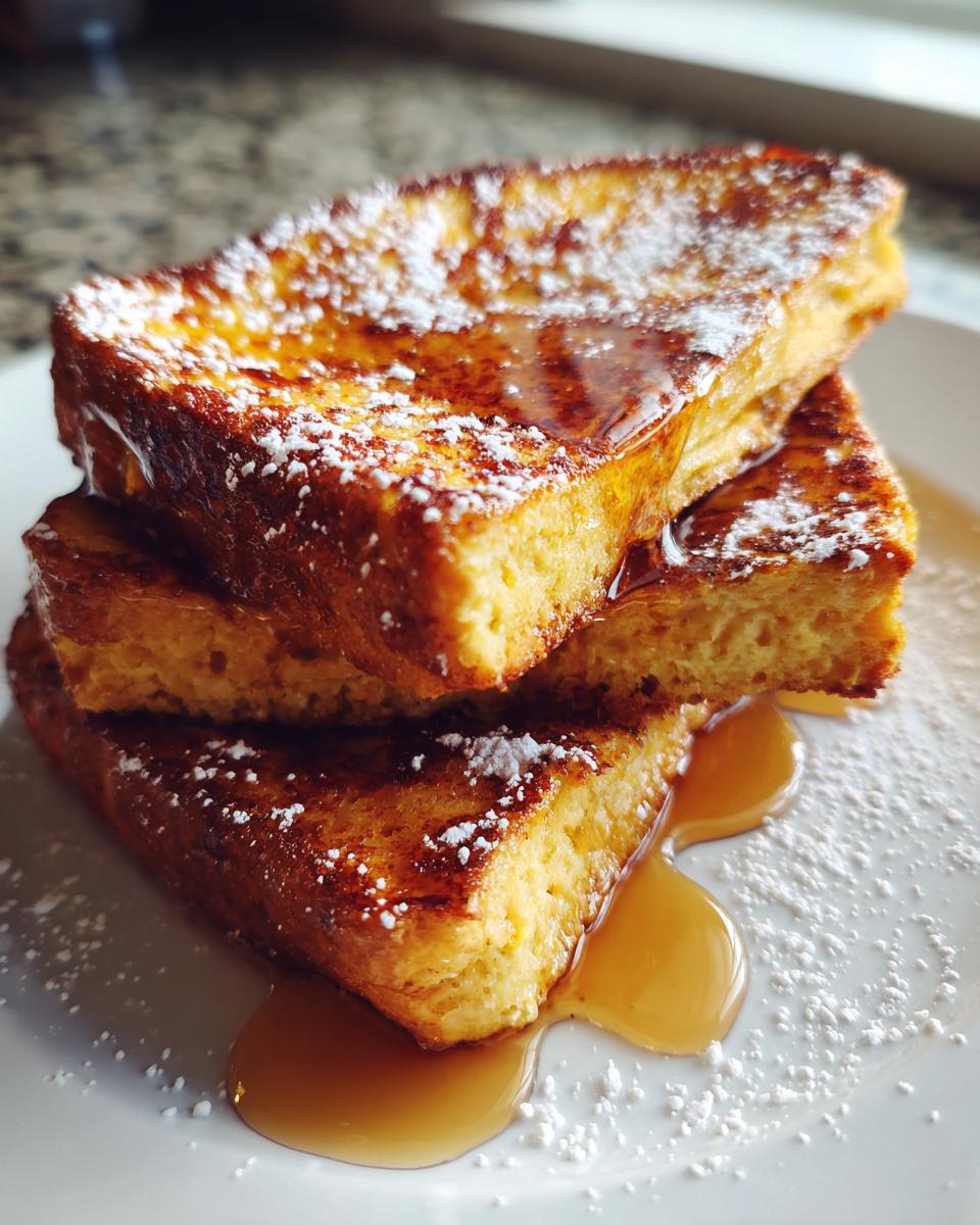 Close-up of three thick slices of golden brown french toast stacked, drizzled with maple syrup and dusted with powdered sugar.
