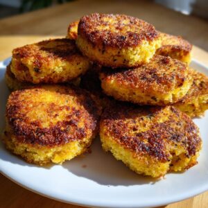 A stack of perfectly golden brown, round pieces of fried cornbread seasoned with herbs on a white plate.