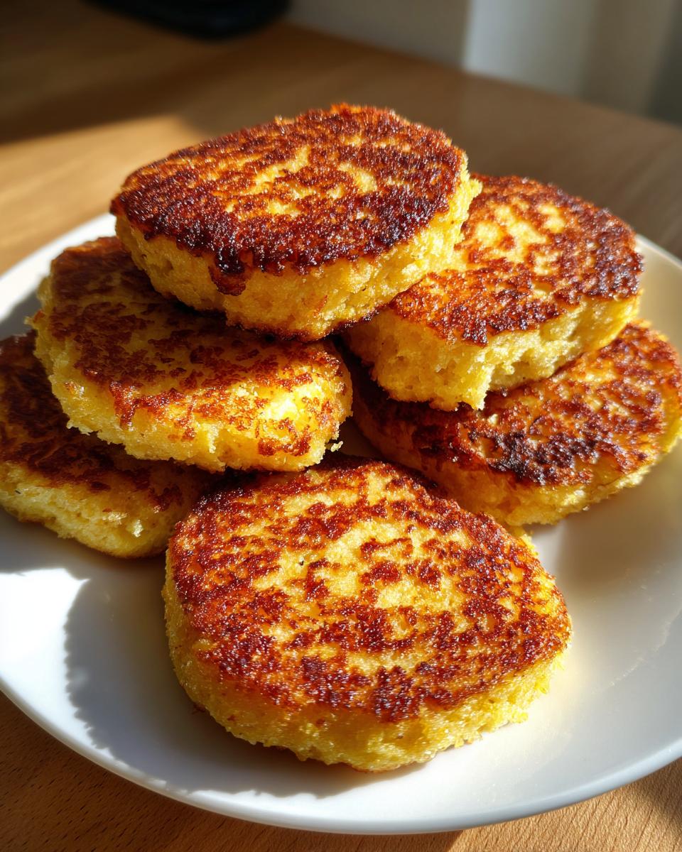 A stack of golden, perfectly browned rounds of amazing 15-min fried cornbread on a white plate.