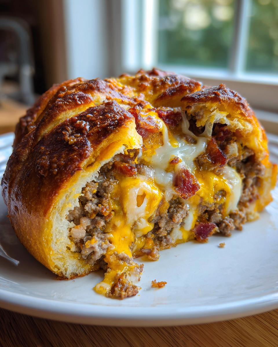 A cross-section view of a baked garbage bread stuffed with ground meat, bacon, and gooey melted cheese.