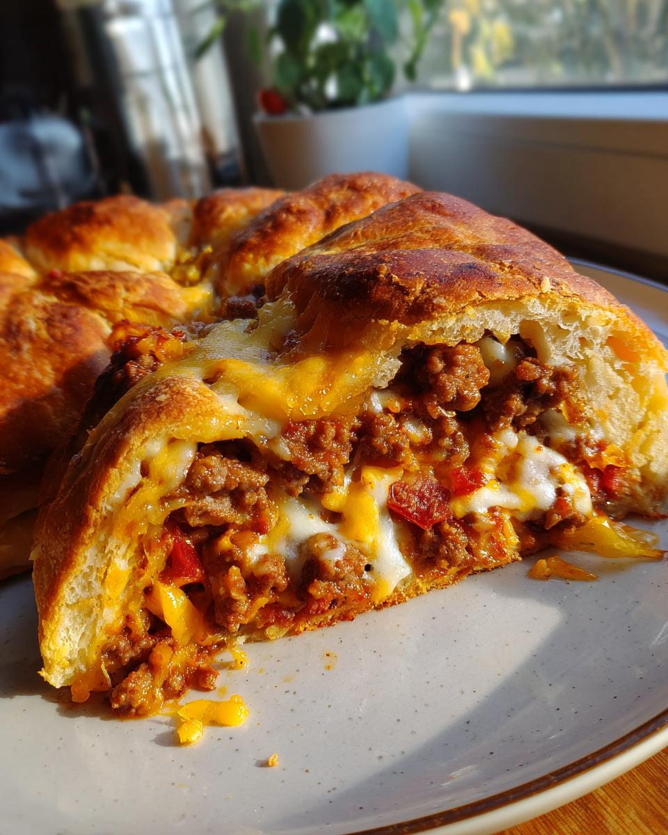 A cross-section slice of amazing garbage bread, showing a rich, meaty filling loaded with melted cheese.