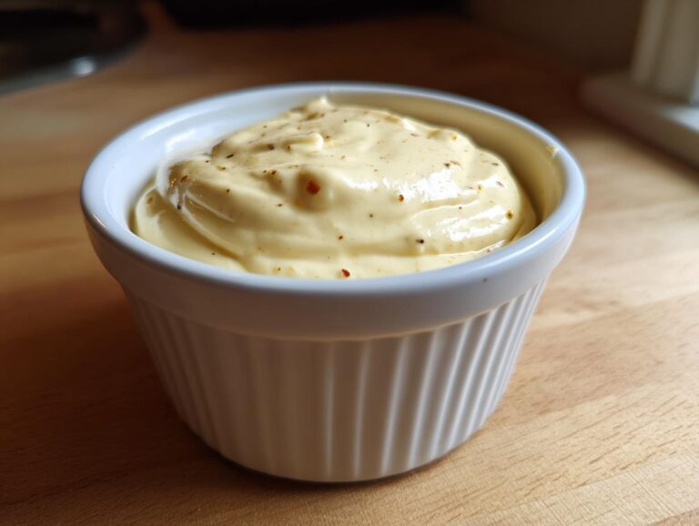 Close-up of rich, yellow homemade garlic aioli seasoned with spices, served in a white fluted ramekin.