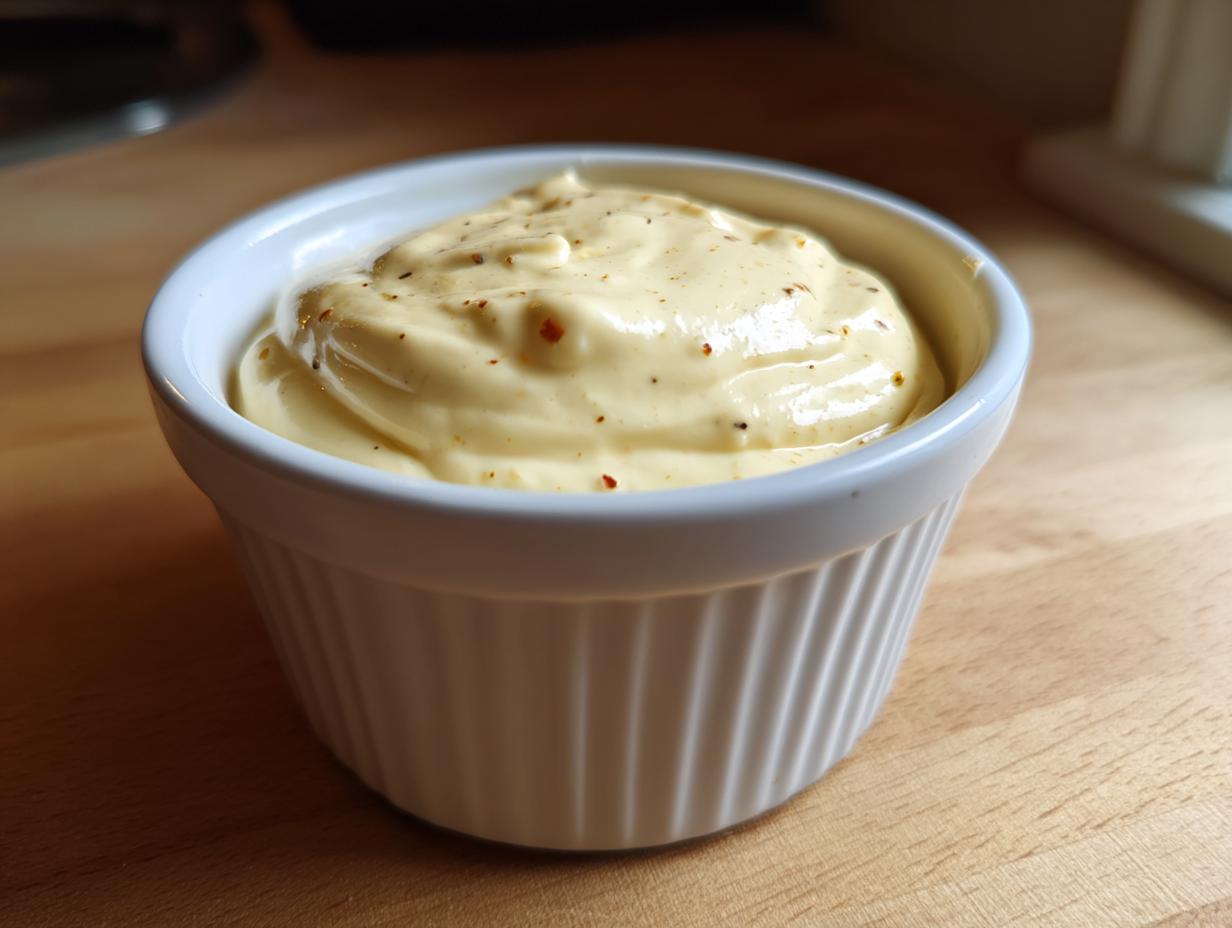 Close-up of rich, yellow homemade garlic aioli seasoned with spices, served in a white fluted ramekin.