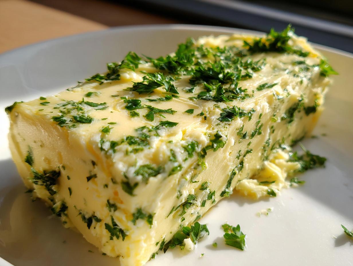 A block of homemade garlic butter mixed with green herbs, likely parsley, sitting on a white plate.