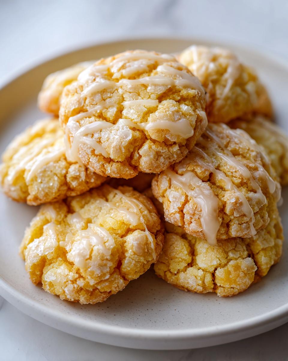 A stack of crinkled, bright yellow lemon cookies drizzled with a thin white glaze, sitting on a light gray plate.