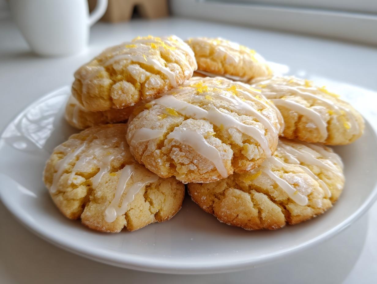 A stack of soft, crinkled lemon cookies drizzled with white glaze and sprinkled with zest.