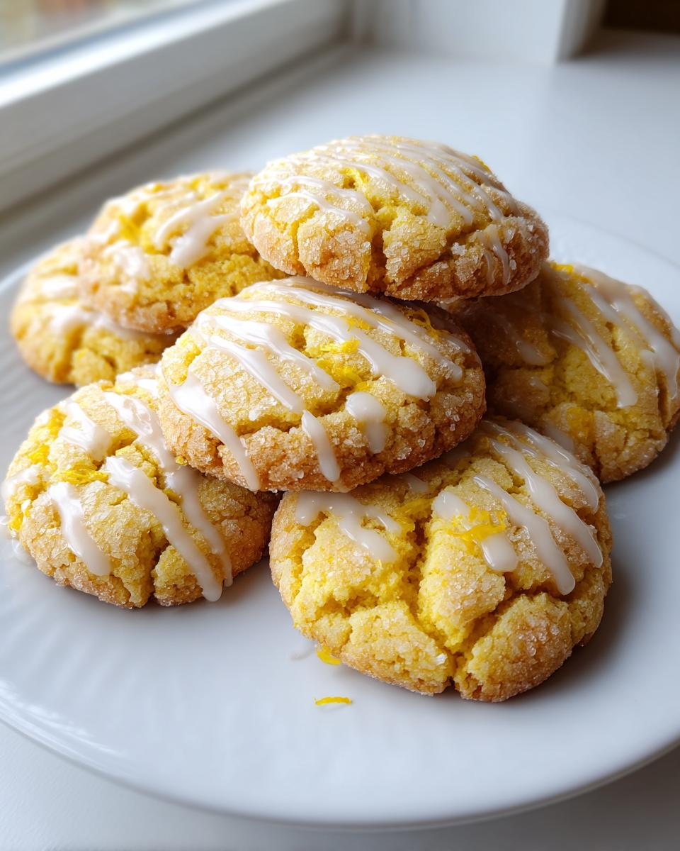A stack of bright yellow lemon cookies coated in sugar and drizzled with white icing, sitting on a white plate.