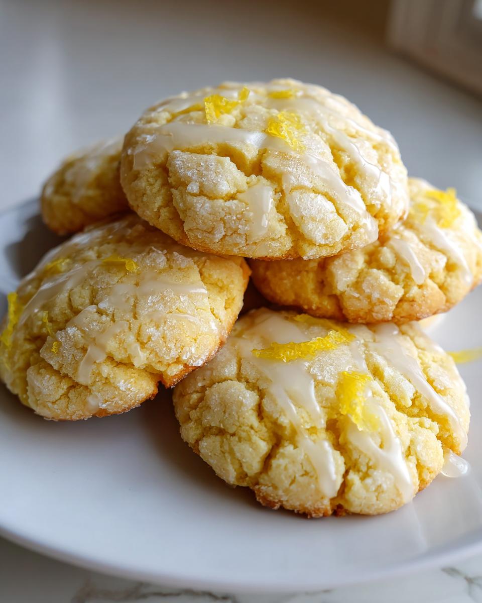 A close-up stack of soft, crinkle-topped lemon cookies drizzled with white glaze and topped with lemon zest.