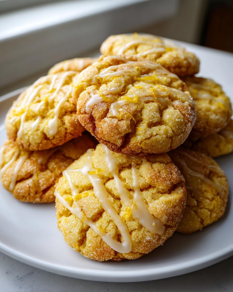 A stack of bright yellow lemon cookies coated in sugar, drizzled with icing, and topped with zest.