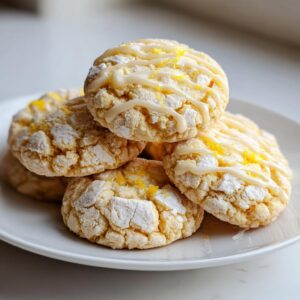 A stack of crinkle-top lemon cookies drizzled with glaze and topped with bright yellow lemon zest.