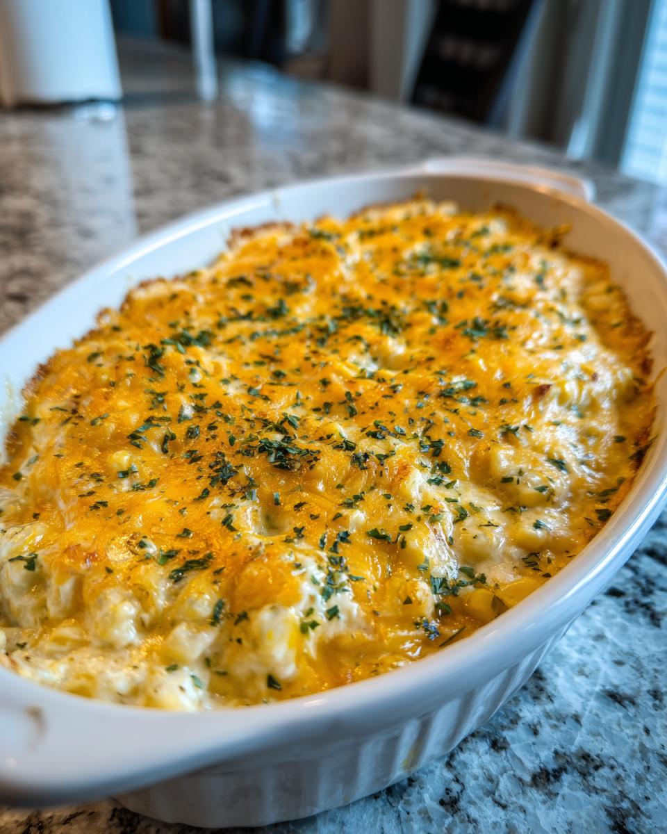 Close-up of a hot, cheesy Mexican corn dip topped with melted cheddar and fresh parsley in a white oval baking dish.