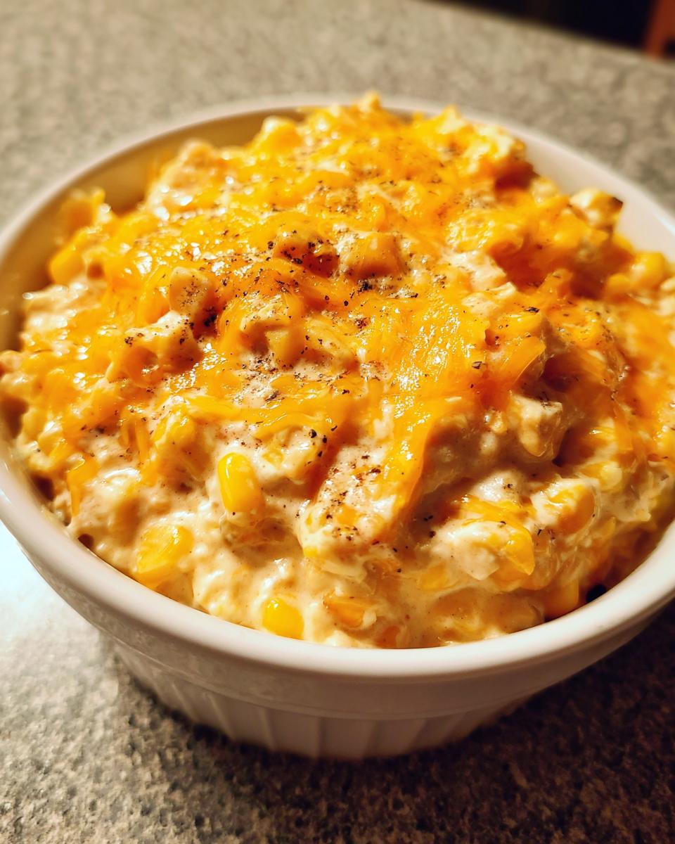 Close-up of a small white bowl filled with creamy Mexican corn dip, topped generously with melted orange cheddar cheese and black pepper.