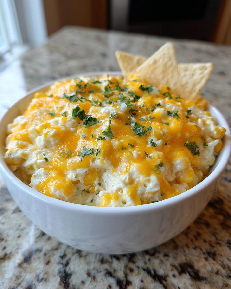A close-up of creamy Mexican corn dip topped with melted cheddar cheese and fresh parsley, served with tortilla chips.